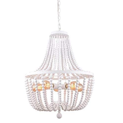 Alice House 21'' Wood Bead Chandeliers, Rustic White Finish, 5 Light Wood Beaded Pendant Light for Dining Room, Kitchen, Living Room, Entryway and Bedroom AL9031-P5