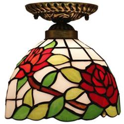 Tiffany Style Stained Glass Ceiling Lamp 8 Inch Green Leaves Red Rose Art Shade Flush Mount Ceiling Light for Living Room Bedroom Hotel Corridor