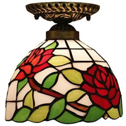 Tiffany Style Stained Glass Ceiling Lamp 8 Inch Green Leaves Red Rose Art Shade Flush Mount Ceiling Light for Living Room Bedroom Hotel Corridor