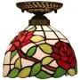 Tiffany Style Stained Glass Ceiling Lamp 8 Inch Green Leaves Red Rose Art Shade Flush Mount Ceiling Light for Living Room Bedroom Hotel Corridor