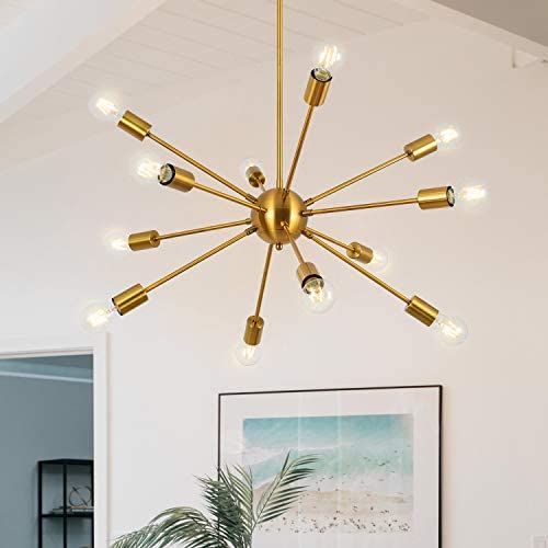 Mid Century Sputnik Chandeliers 12 Light Brushed Brass Modern Pendant Lighting Industrial Gold Bronze Vintage Ceiling Light Fixture for Kitchen Island Farm Living Room Bedroom Foyer