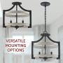Kira Home Woodrow 15'' 3-Light Industrial Farmhouse Semi Flush Convertible Pendant Light + Wood Style Metal Drum Shade, Textured Black + White Birch Style Finish