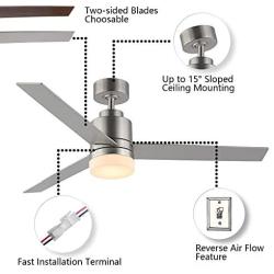 WINGBO Ceiling Fan with Light, 52'' Nickel Ceiling Fan Light Kit with Remote Light for Living Room, Kitchen, Bedroom, Hugger Fan