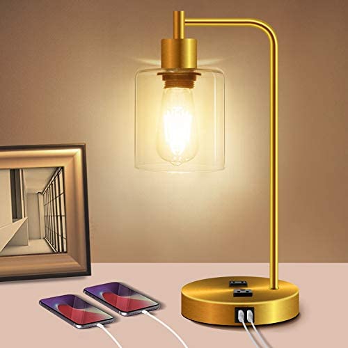 QiMH Industrial Table Lamp for Bedroom,Touch Control Bedside Lamp with USB Port/Outlet Dimmable Glass Shade Nightstand Lamp for Bedroom Office Reading with Bulb (Gold)