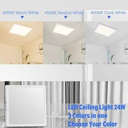 Broadroad LED Flush Mount Ceiling Light, 24W 2400lm 3 Colors in one (3000K/4500K/6000K) Square LED Ceiling Light Fixture, Square LED Ceiling Lamp for Kitchen Closet Living Room (S-24W-3 Colors)