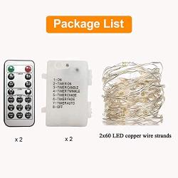 WSgift 2 Pack 20 Feet 60 Warm White Led Fairy Lights Battery Operated with Remote Control Timer Waterproof Silver Copper Wire Twinkle String Lights for Party Bedroom Wedding Christmas Decorations