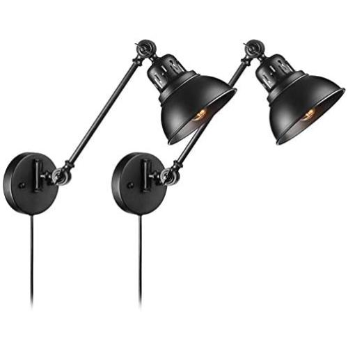 YeLEEiNO Swing Arm Wall Lamp Bedroom Wall Lamps Industrial Black Plug in Cord with On Off Switch for Living Room Bedroom Dining Room Kitchen (2 Light)
