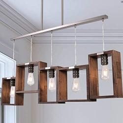 ANTILISHA Wood Farmhouse Chandelier Lighting Rectangle Geometric Mason Jar Light Fixture Pendant Chandelier for Dining Rooms Kitchen Island High Ceiling Brushed Nickel Metal Wide Extra Long 44''