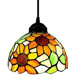 LITFAD Elegant Tiffany Style Pendant Light with Oversize Sunflower Pattern One-Light LED Ceiling Hanging Pendant Lamp Chandelier for Kitchen Island Dining Room Restaurant - A