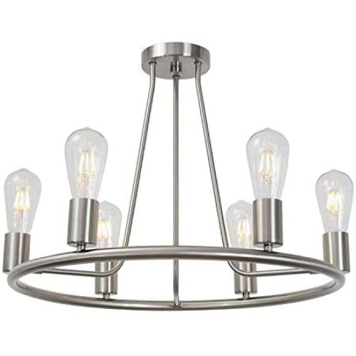 BONLICHT Round Farmhouse Chandelier Lighting 6-Light Modern Indoor Ceiling Lights Brushed Nickel Mid Century Flush Mount Light Fixtures Ceiling Kitchen Island Dining Room Lighting UL Listed