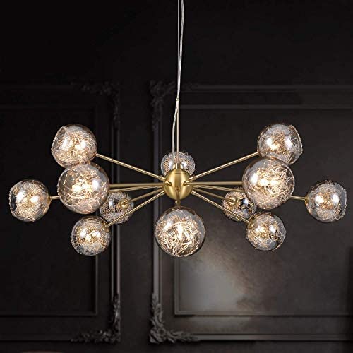 MEEROSEE Sputnik Chandeliers Modern Glass Bubble Chandelier Wired Aluminum Pendant Lighting W37.4'' 12-Light Brushed Brass Ceiling Fixture for Dining Room Foyer Kitchen Island Bedroom Living