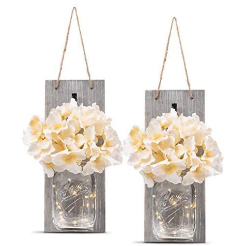 HOMKO Decorative Mason Jar Wall Decor - Rustic Wall Sconces with 6-Hour Timer LED Fairy Lights and Flowers - Farmhouse Home Decor (Set of 2)