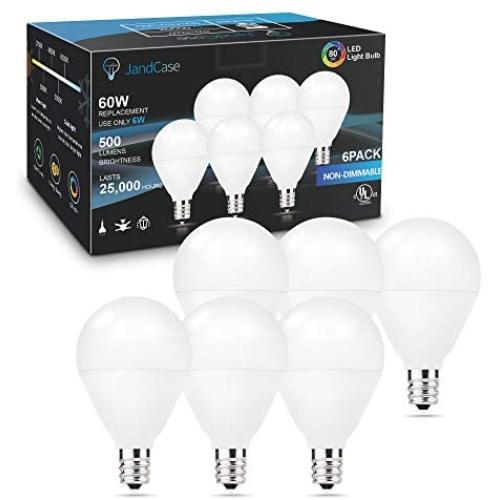 JandCase 60W Equivalent E12 Led Bulb, Candelabra Ceiling Fan Bulb, 5000K Daylight White, 6W G14 Globe Light Bulb for Bedroom, Bathroom, Living Room, Table Lamp, Not Dimmable, 6 Pack