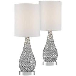 Kasey Modern Accent Table Lamps Set of 2 Crystal Bead Silver Gourd White Drum Shade for Living Room Family Bedroom Bedside - Possini Euro Design