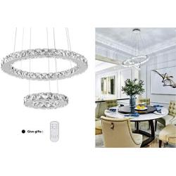 KAI Modern Crystal Chandelier Dimmable with Remote Control Temperature Adjustable Pendant Light with 4320LM Chrome Adjustable Height 2 Rings Flush Mount Ceiling Lighting for Dining Room