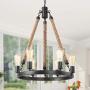 GEPOW Farmhouse Chandeliers, Vintage Rope Round Pendant Chandelier Hanging Light Fixture for Dining Room Foyer, Living Room, Bedroom and Kitchen Island