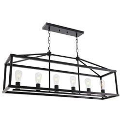 BONLICHT Modern Rectangle Chandelier 6 Light Black Industrial Vintage Kitchen Island Lighting Fixture Hanging Pendant Lamp Farmhouse Metal Cage Ceiling Light Fixtures for Living Room Dining Room Foyer