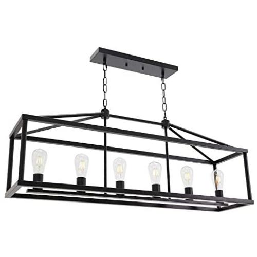 BONLICHT Modern Rectangle Chandelier 6 Light Black Industrial Vintage Kitchen Island Lighting Fixture Hanging Pendant Lamp Farmhouse Metal Cage Ceiling Light Fixtures for Living Room Dining Room Foyer