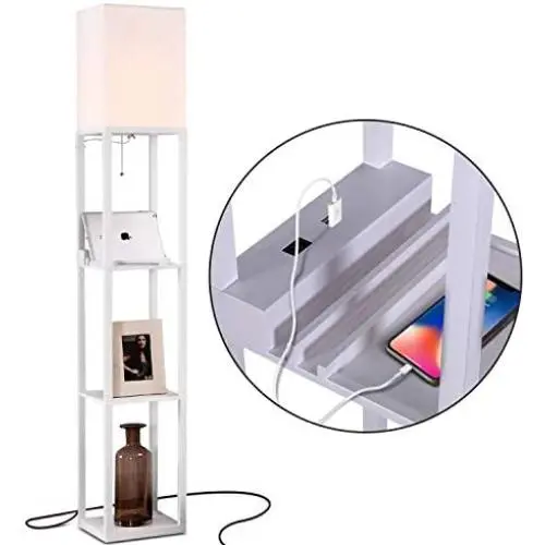 Brightech Maxwell Charger - Shelf Floor Lamp with USB Charging Ports & Electric Outlet - Tall & Narrow Tower Nightstand for Bedroom - Modern, Asian End Table with Light Attached - White