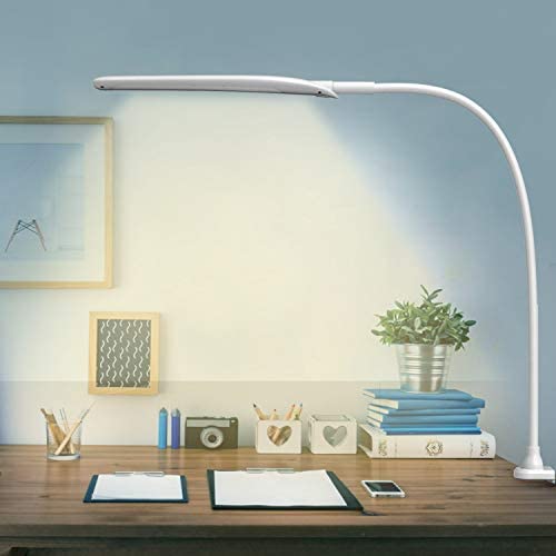 LED Desk Lamp with Clamp,Flexible Gooseneck Clamp Lamp,Dimmable,Touch Control 3 Color Modes,Eye-Care Table Light with Adjustable Arm,Architect Lamp for Home/ Office /Workbench/Reading Working White.