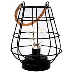 JHY DESIGN 8.5'' Cage Bulb Lantern Decorative Lamp Battery Powered Cordless Accent Light with Warm White Fairy Lights LED Edison Bulb Lamp for Living Room Bedroom Kitchen Wedding & Christmas (Black)