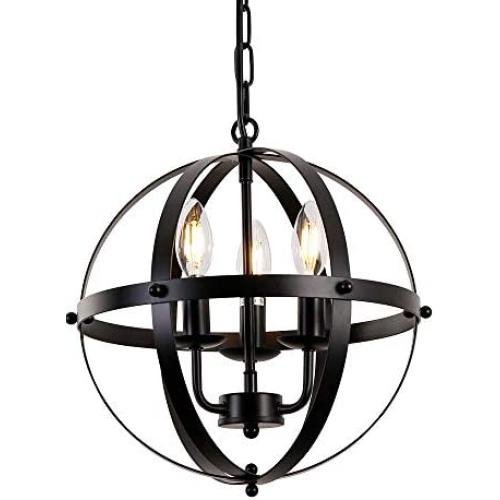 Globe Pendant Lights 3 Lamp Chandelier Black Rural Style Retro Rustic Industrial Vintage Ceiling Light Fixture with Metal Spherical lamp for Dining Room, Porch, Kitchen Island Dining Table Farmhouse