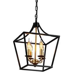 JINZO Farmhouse Chandelier 4-Lights Rustic Cage Pendant Light Matt Black and Gold for Foyer Entryway Hallway Dining Room and Kitchen Island.