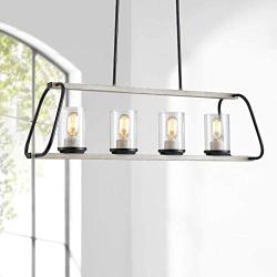 XINGQI Rustic Glass Shade Kitchen Island Light, 4-Light Farmhouse Linear Pendant Lighting, Hanging Light Fixtures for Dining Room, Antique White with Black Paint, E26 Base(Bulbs not Included)