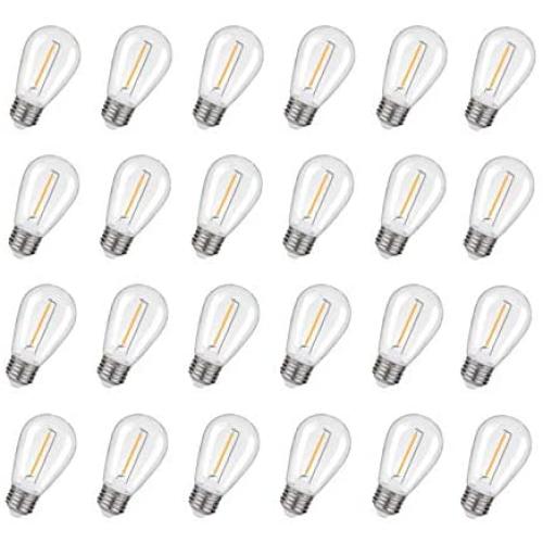 Shatterproof & Waterproof S14 LED String Light Bulbs – 1W Equivalent to 11W, Non-Dimmable Worm White 2200K,100LM,Plastic Bulbs, E26 Base, (24PACK-2200K)