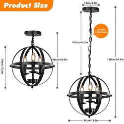 Industrial Pendant Light Vintage Spherical Pendant Lighting with 3 E12 Chandelier Lamp Base Farmhouse Black Metal Kitchen Dining Room Light Fixture, 1-Pack