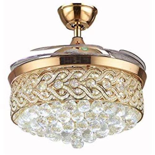Healer 42 inch Crystal LED Ceiling Fan with Light and Remote Control, Modern Invisible Retractable Blades Chandelier Fans Lighting with 3 Lights Level and 3 Speeds for Dining/Living Room