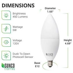 Sunco Lighting 10 Pack B11 LED Candelabra Bulb, Dusk-to-Dawn, 5W=40W, 3000K Warm White, 450 LM, E12 Base, Outdoor Decorative Light for Sconces - UL