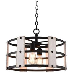 Kira Home Madera 17'' 4-Light Modern Farmhouse Chandelier + Wood and Metal Round Shade, 2 Wood Panel Styles (White Ash/Walnut), Textured Black Finish