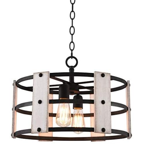 Kira Home Madera 17'' 4-Light Modern Farmhouse Chandelier + Wood and Metal Round Shade, 2 Wood Panel Styles (White Ash/Walnut), Textured Black Finish
