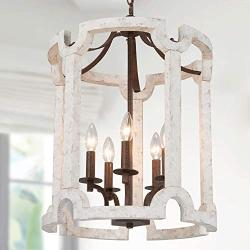 Wood Chandeliers for Dining Rooms, 5-Light Farmhouse Chandelier, Lantern Pendant Lighting for Kitchen Island, Foyer, Living Room, White, 16.5”W x19”H