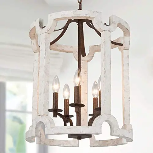 Wood Chandeliers for Dining Rooms, 5-Light Farmhouse Chandelier, Lantern Pendant Lighting for Kitchen Island, Foyer, Living Room, White, 16.5”W x19”H Wood Chandeliers for Dining Rooms, 5-Light Farmhouse Chandelier, Lantern Pendant Lighting for Kitchen Island, Foyer, Living Room, White, 16.5”W x19”H