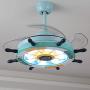 Lighting Groups 42 Inch Blue Reversible Ceiling Fan Lights Pirate Ship Steering Wheel LED Retractable Fan Chandelier for Kids Room Dining Room Livingroom Ceiling Lights Children Bedroom Stealth Ceiling Light with Fans (Blue)