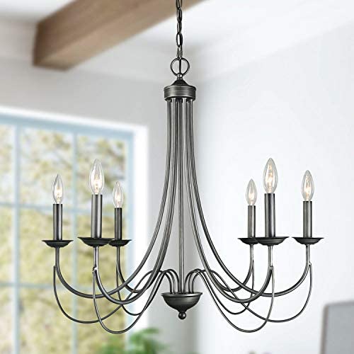 6-Light Farmhouse Dining Room Lighting, Iron Chandelier Light Fixture, French Country Chandelier in Dark Silver Metal Finish, 27.6'' X 25.6'' Pendant Light