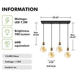 LUTEC G40 E26 Edison 4 Lights Glass Pendant Lighting Modern Hanging Light Fixture for Kitchen Island, Dining Table, Bedroom, Hallway - 700LM 7.5W 2200-5000K Amber Glass Edison Light Bulb