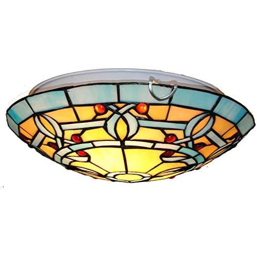 LITFAD Tiffany Traditional Ceiling Mount Light Bowl Shade Stained Glass Mission Inverted Ceiling Lamp Flush Ceiling Light Pendant Lighting for Living Room Bedroom Hotel Cafe - Yellow & Blue, 16''(40cm)