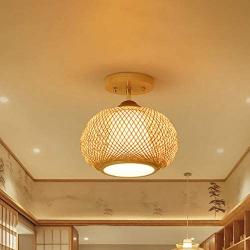 LITFAD 1 Head Bamboo Cage Ceiling Light Rural Style Foyer Semi Flush Mount Ceiling Lamp in Wood LED Pandent Light for Dining Room Bedroom Restaurant - 10'' (25 cm)