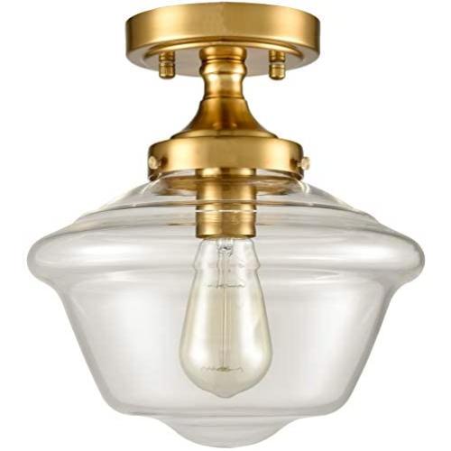 Brass Glass Ceiling Light Semi Flush Mount, Clear Glass 1-Light Shade Ceiling Light Fixture Edison Lights for Hallway Entryway Bedroom Dinning Room