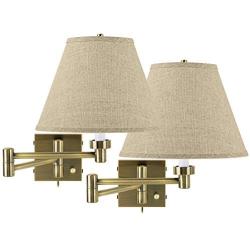 Modern Swing Arm Wall Lamps Set of 2 Dark Antique Brass Plug-in Light Fixture Fine Burlap Empire Shade for Bedroom Bedside Living Room Reading - Barnes and Ivy