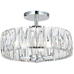 KARMIQI Crystal Ceiling Light, 13'' 3-Light Drum Chandelier Flush Mount Light Fixture for Living Room, Chrome Finish Ceiling Lamp for Dining Room Bedroom Kitchen Island Hallway Entryway