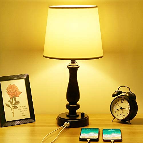 Zermurd Fully Dimmable Bedside Lamp, Bedroom Nightstand Lamp with Two USB Ports Brown Resin Base White Shade Modern Ambient Light for Living Room College Dorm Guest Room, 7W 3000K LED Bulb Included
