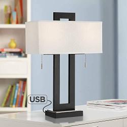 Neil Modern Table Lamp with USB Charging Port Open Rectangular Metal White Fabric Shade for Living Room Bedroom Bedside Nightstand Office Family - 360 Lighting