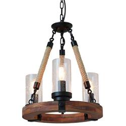 Giluta Wooden Ring Hemp Rope Chandelier Retro Farmhouse Style Pendant Lighting Vintage Round Ceiling Light Fixtures 3 Lights with Seeded Glass Shade, Brown (C0047)