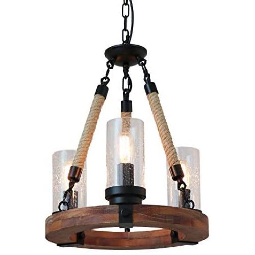 Giluta Wooden Ring Hemp Rope Chandelier Retro Farmhouse Style Pendant Lighting Vintage Round Ceiling Light Fixtures 3 Lights with Seeded Glass Shade, Brown (C0047)
