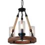 Giluta Wooden Ring Hemp Rope Chandelier Retro Farmhouse Style Pendant Lighting Vintage Round Ceiling Light Fixtures 3 Lights with Seeded Glass Shade, Brown (C0047)