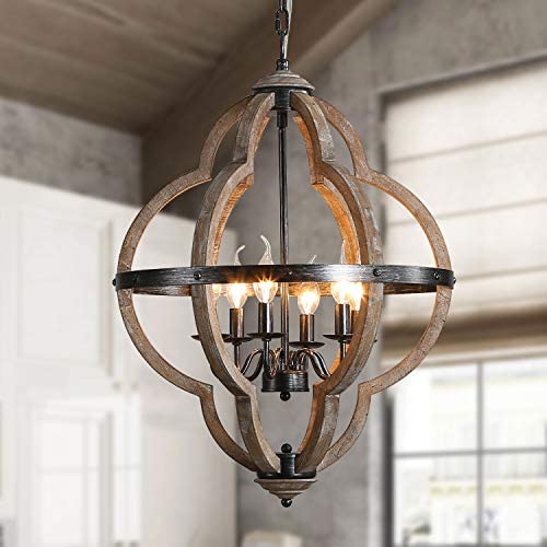 Wood and Metal Chandelier Square 6-Light Adjustable Height Ceiling Pendant Light Dining Room Lighting Fixtures Hanging，Living Room Light ,Kitchen Chandelier UL Listed